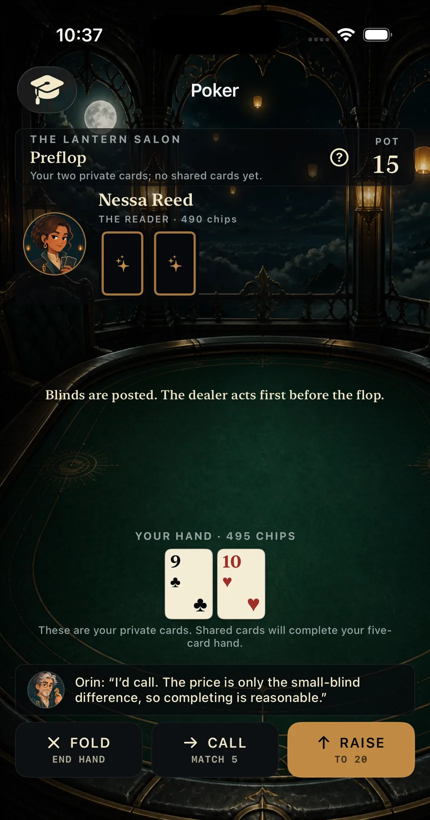 A poker decision with cards, opponent, pot, and coaching rationale